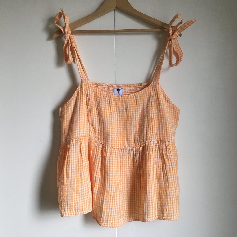 NWT Old Navy Orange Creamsicle Cotton Gingham Smocked Tie Shoulder Tank M